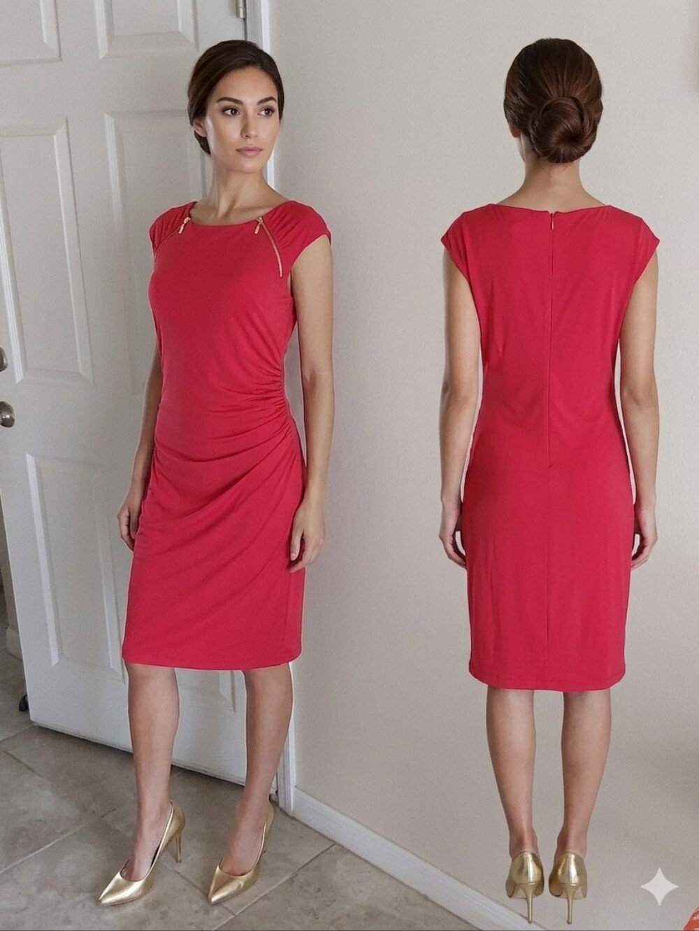 CACHE WOMEN'S‎ RED SIDE ZIPPER DRESS SIZE MEDIUM
